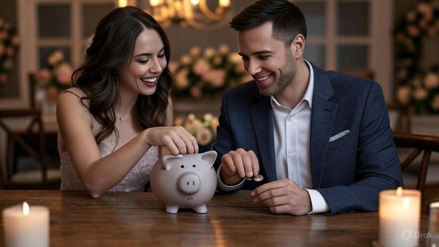 Couple placing coins into a wedding date-engraved personalized piggy bank with wedding decor