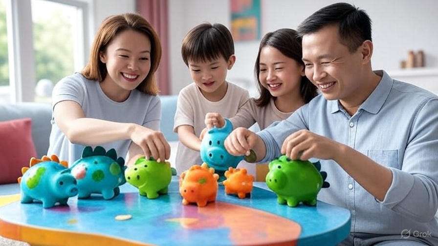 Family placing coins into dinosaur-themed personalized piggy banks on a colorful table