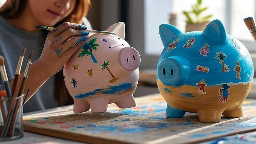 Person painting a piggy bank with acrylics and stickers in a beach theme on a craft table