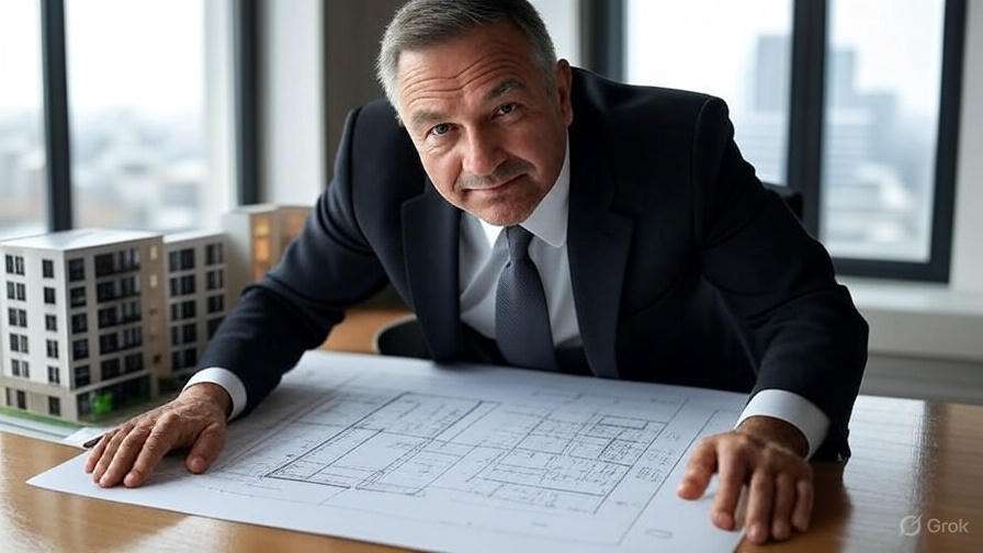 Real estate investor reviewing blueprints for a successful apartment building for sale purchase.