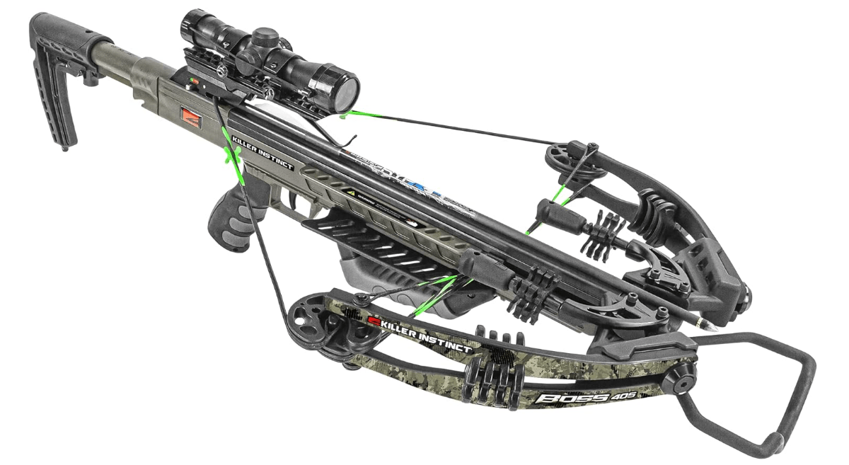  KILLER INSTINCT Boss 405 Crossbow Pro Package with 4x32 IR-W Scope, Rope Cocker, String Suppressors, 3-Bolt Quiver, 3 Hypr Lite Bolts and Field Tips, Stick...