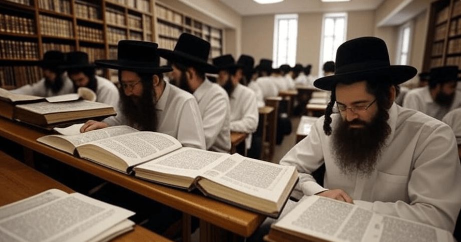 Orthodox Jewish scholars studying Torah in a kollel community hall