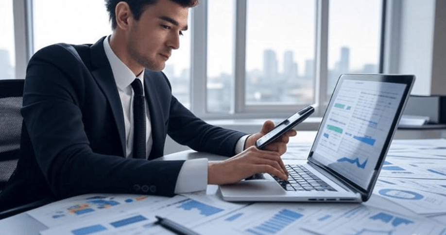 Young professional using financial tools and apps on laptop