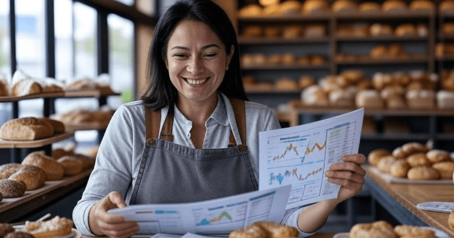 Successful business owner reviewing financial reports in a bakery