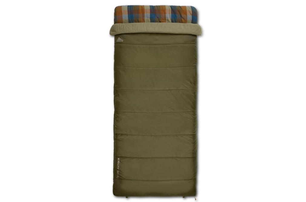 Kelty Wayback Flannel Lined Sleeping Bag, Built in Blanket, Traditional Rectangle Shape, Organic Flannel Cotton Liner, Dual Locking Slide Zips 