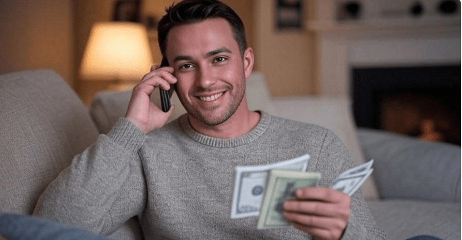 Person negotiating on phone with bills and notepad in cozy living room