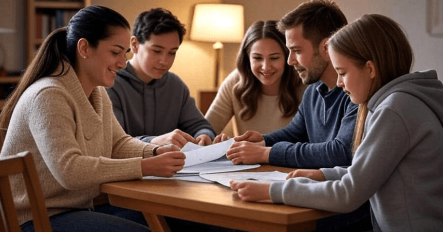 Family reviewing budget documents for personal finance planning