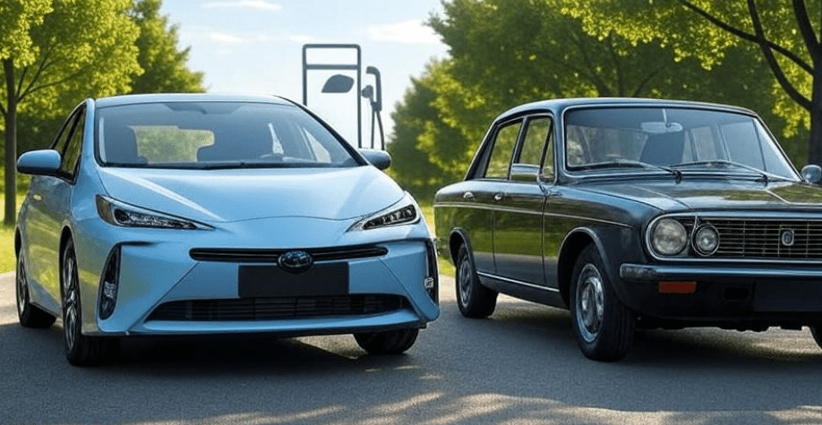 Comparison of hybrid and traditional cars on a road with fuel pump icon for budget motors fuel savings.