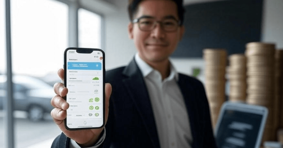 Person using a budgeting app with car and coins in background for budget motors financial planning.