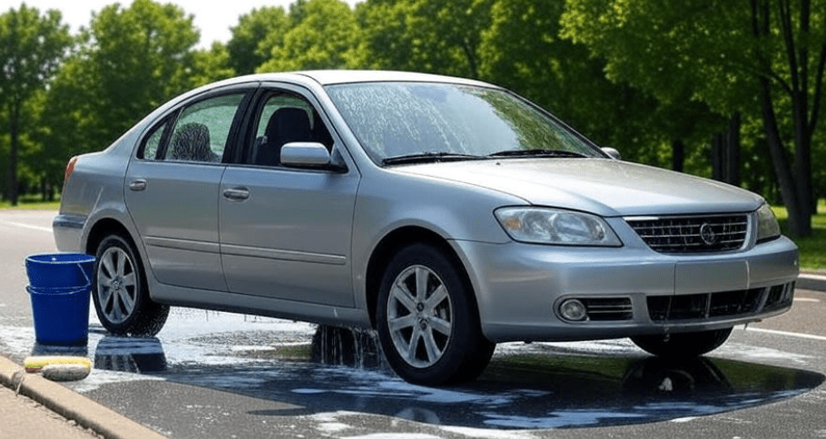 Car being cleaned with sponge on a road for budget motors resale value maintenance.