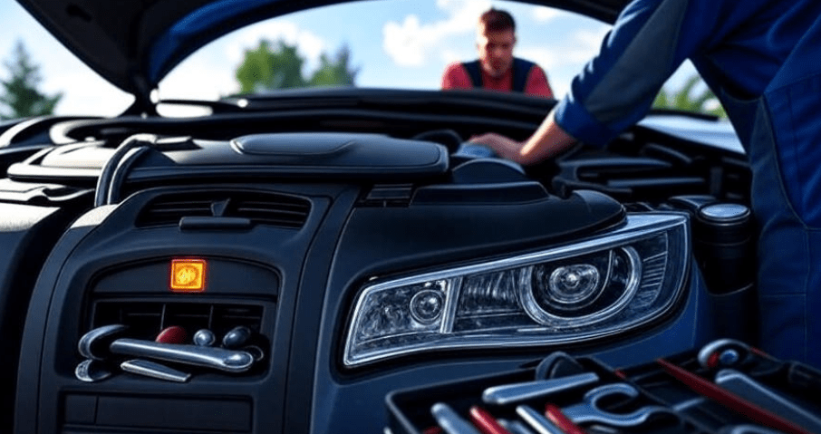Car dashboard with warning light and person checking engine for budget motors emergency preparedness.