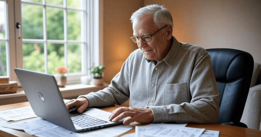 Retiree working part-time in a cozy home office with a garden view