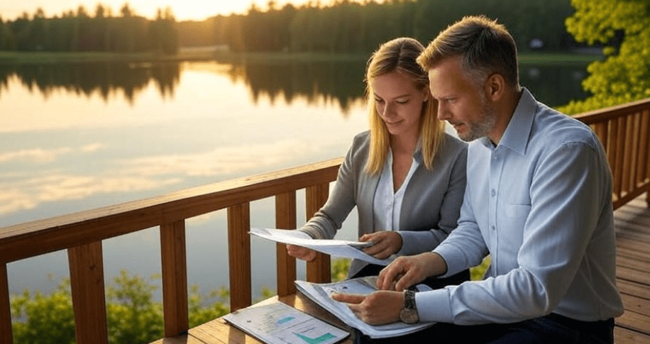 Couple reviewing Social Security documents on a porch overlooking a lake