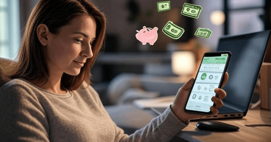 Woman using budgeting app on smartphone with bill and savings icons in cozy home office