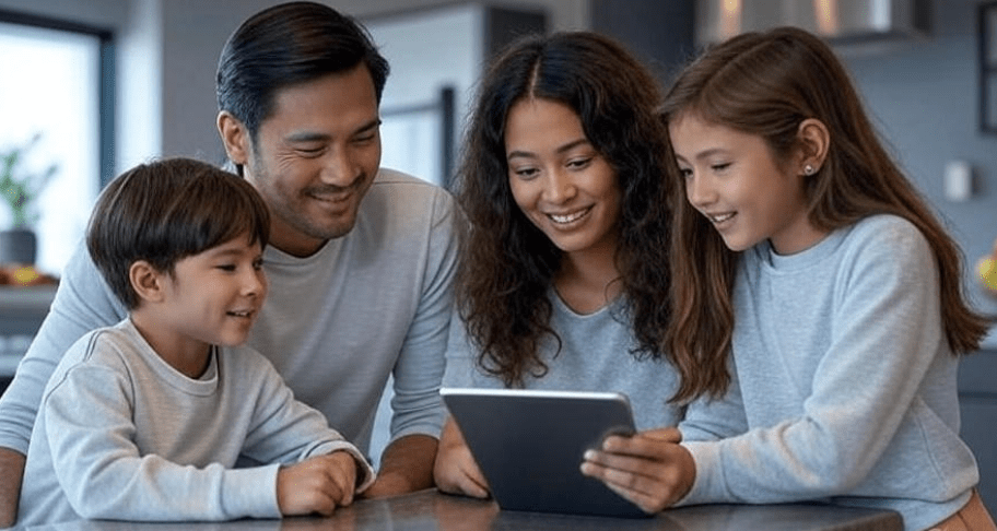 Family reviewing budget on tablet together in bright kitchen setting