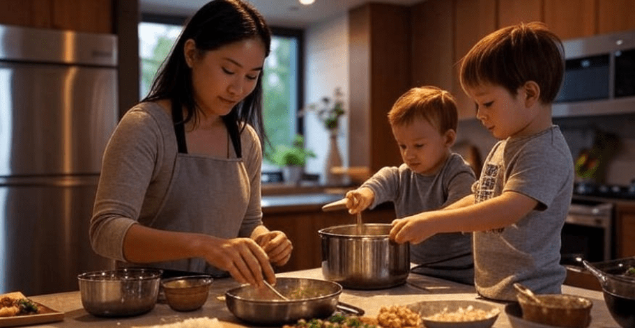 Woman and child preparing meal with meal plan board in modern kitchen
