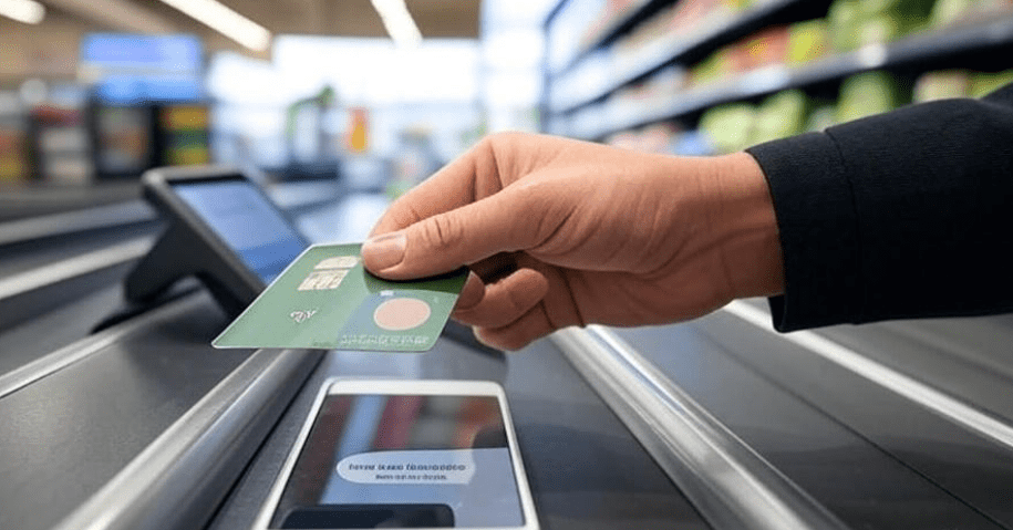 Hand using credit card at checkout with cashback notification on phone