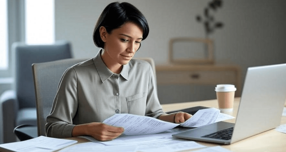 Woman reviewing financial documents at desk with laptop and coffee