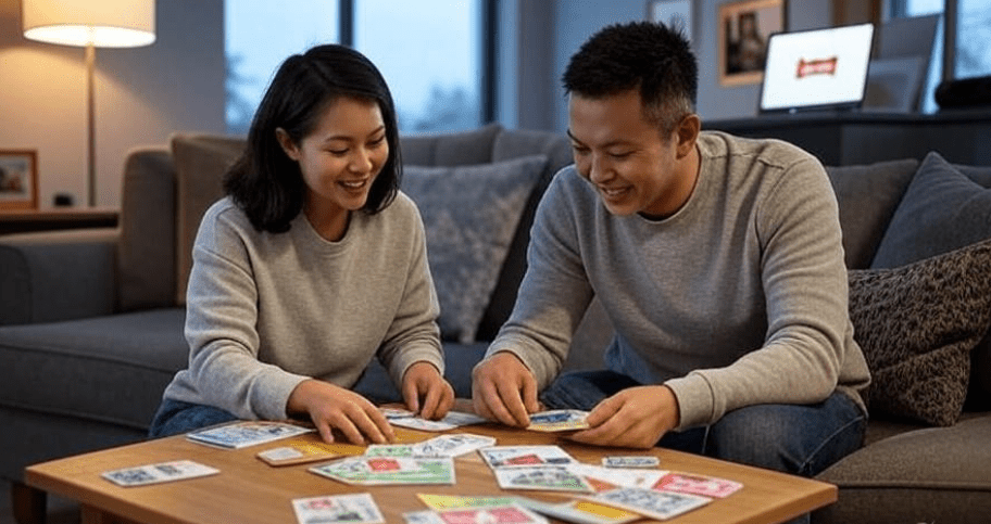 Parent and child sorting subscription cards with laptop in background