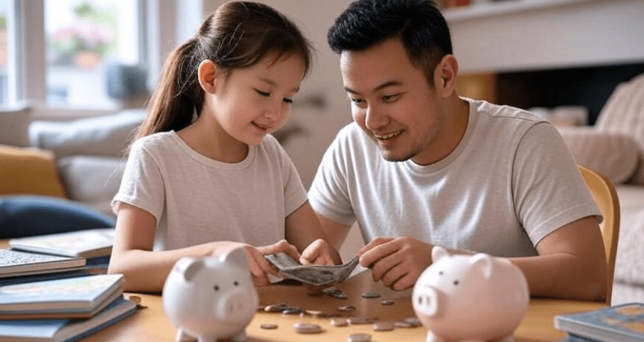 Parent teaching child about money with piggy bank and coins