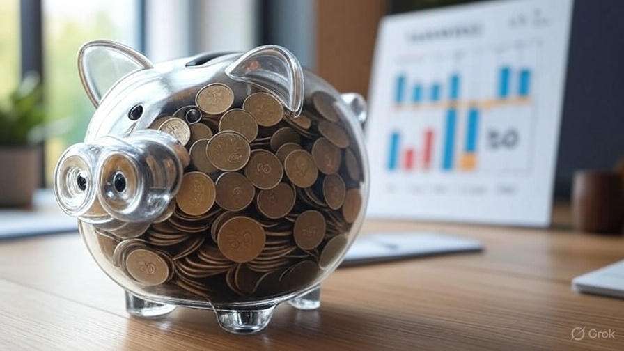 Transparent personalized piggy bank with milestones and coins on a desk with savings chart