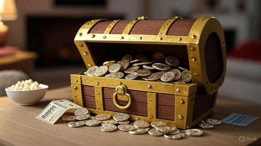 Treasure chest-shaped piggy bank with coins and movie ticket reward in a cozy living room