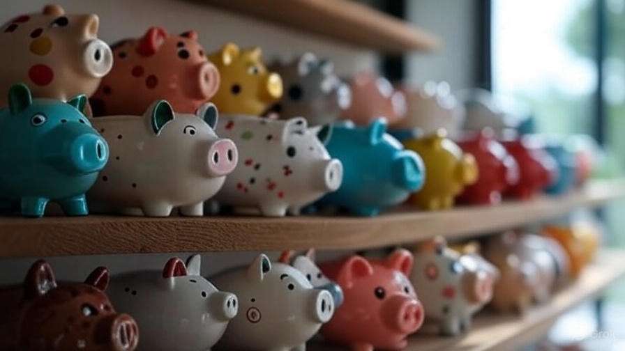 Variety of personalized piggy banks in ceramic and plastic on a shelf with unique designs