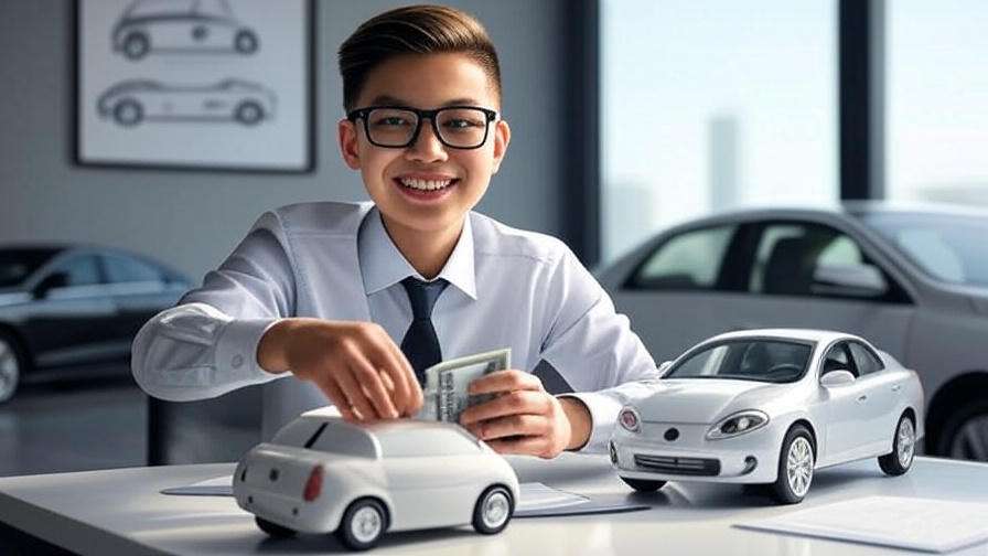 Young professional placing money into a car-shaped personalized piggy bank with car model and blueprint