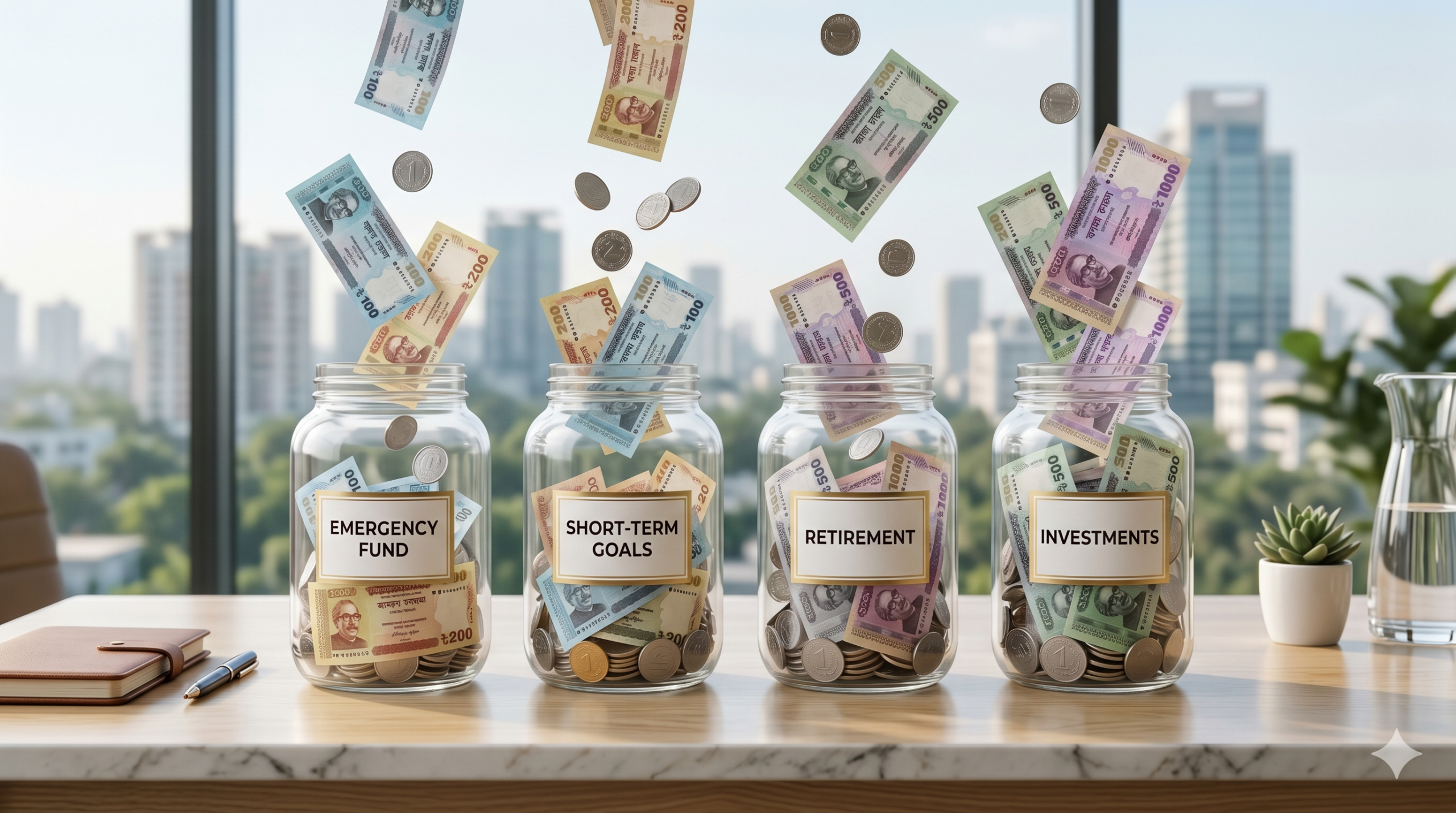 Four bucket system for salary saving scheme showing emergency, goals, retirement and investment funds with Bangladeshi taka