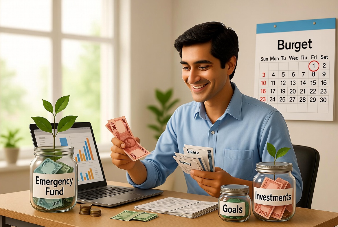Salary saving scheme monthly allocation and budgeting process with taka notes and financial planning tools
